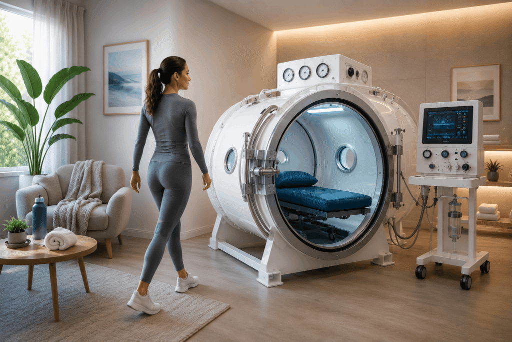 Hyperbaric oxygen therapy chamber with a woman preparing for a recovery session in a modern wellness clinic.